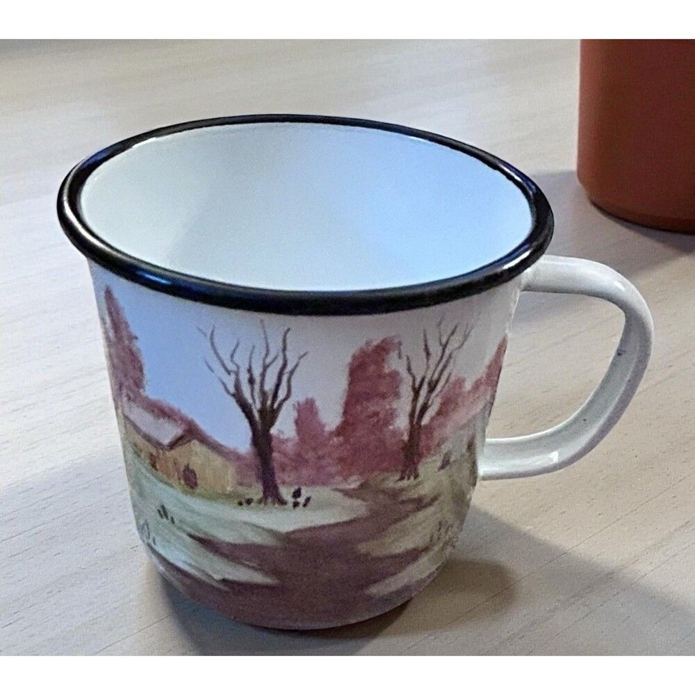 Enamel Camp Mug Hand Countryside Landscape Scene Painted Coffee Cup F. Walsh